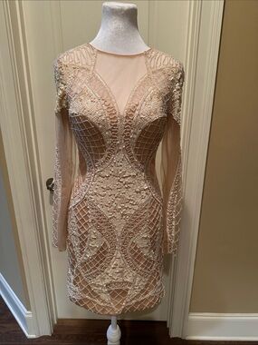 New Embellished Nude Sheer Long-Sleeve Bodycon Dress
